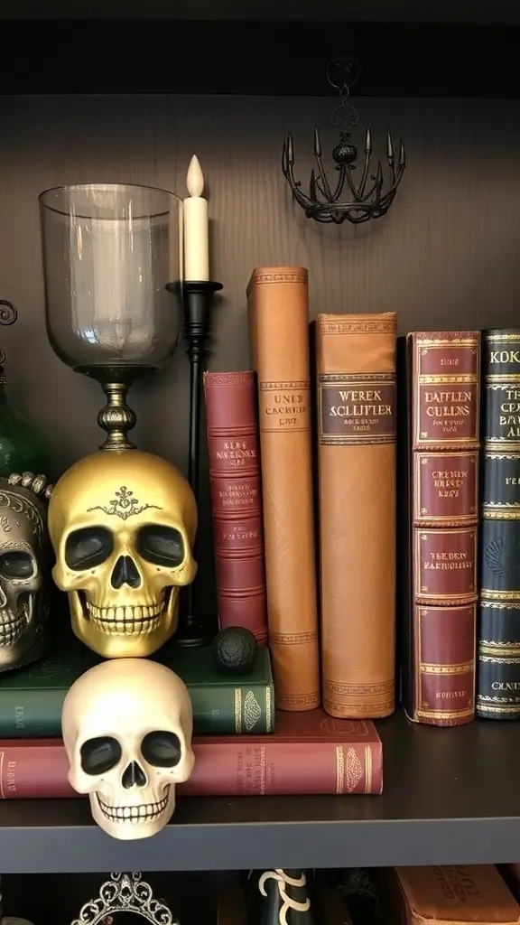 A collection of vintage books with ornate skulls on a wooden shelf.