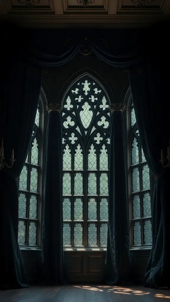 A gothic-style window with dark curtains framing intricate stained glass.