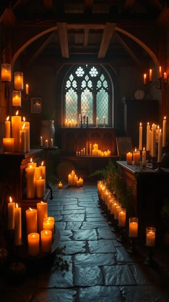A dimly lit room filled with various candles, showcasing Gothic accents with ornate candle holders and a vintage chandelier.