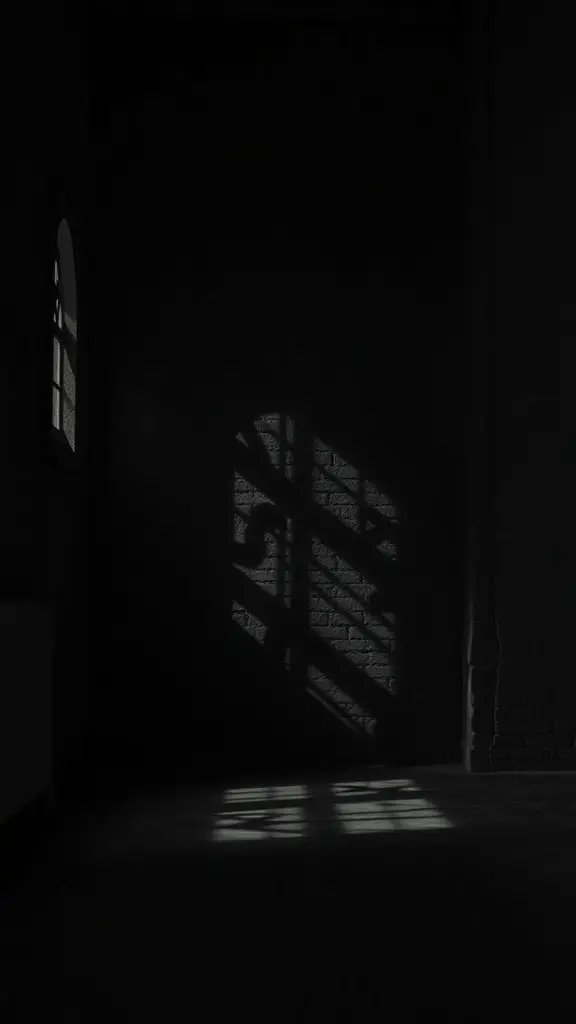 A dimly lit room with shadows cast from a window, creating a mysterious atmosphere.