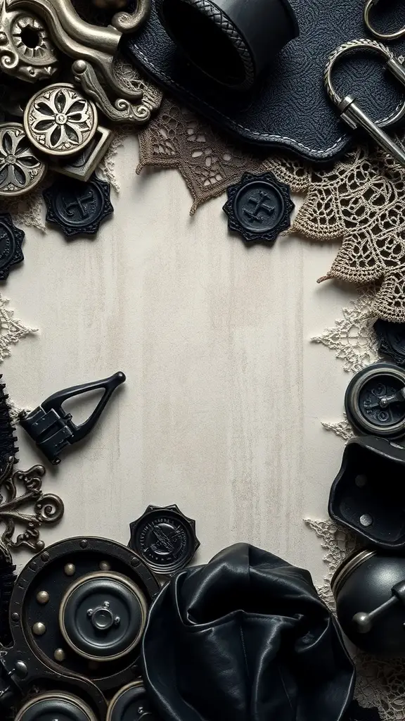 A collection of Gothic textures including lace, leather, and metal elements arranged on a light background.