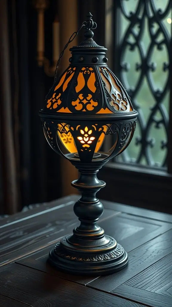 An ornate black candle holder with intricate designs, casting a warm glow from a candle inside, placed on a wooden table.
