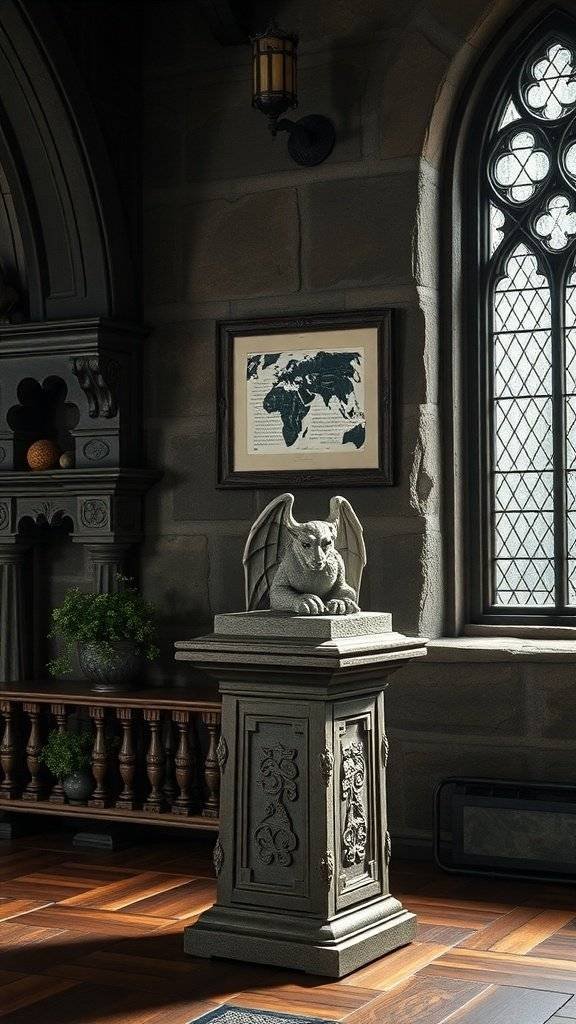 A Gothic-style room featuring a gargoyle statue on a pedestal, with ornate architectural details and a stained glass window.