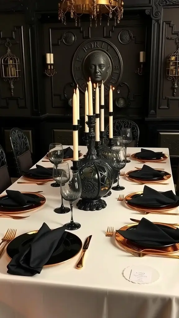 A Gothic-style dining table set with black and gold accents, featuring ornate candle holders and a vintage chandelier.