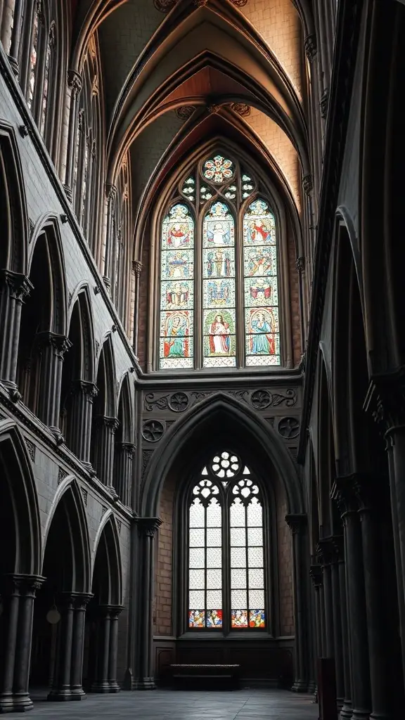 Interior of a Gothic-style building featuring tall arches and stained glass windows.