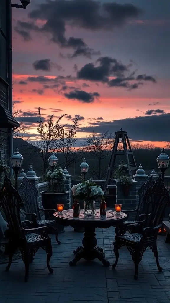A beautifully arranged outdoor space featuring Gothic accents, including ornate chairs, a round table, and candle holders, with a stunning sunset in the background.