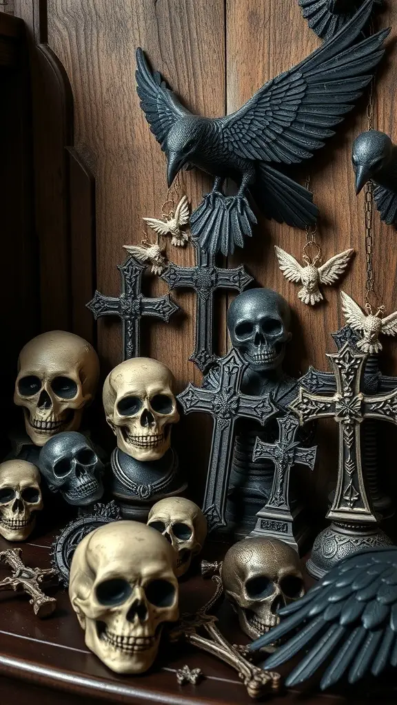 A collection of skulls, crosses, and birds symbolizing mortality and spirituality.
