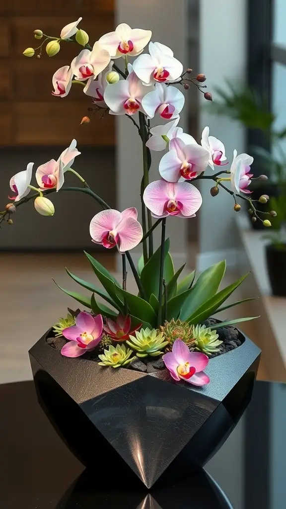 A beautiful arrangement of orchids and succulents in a black pot.
