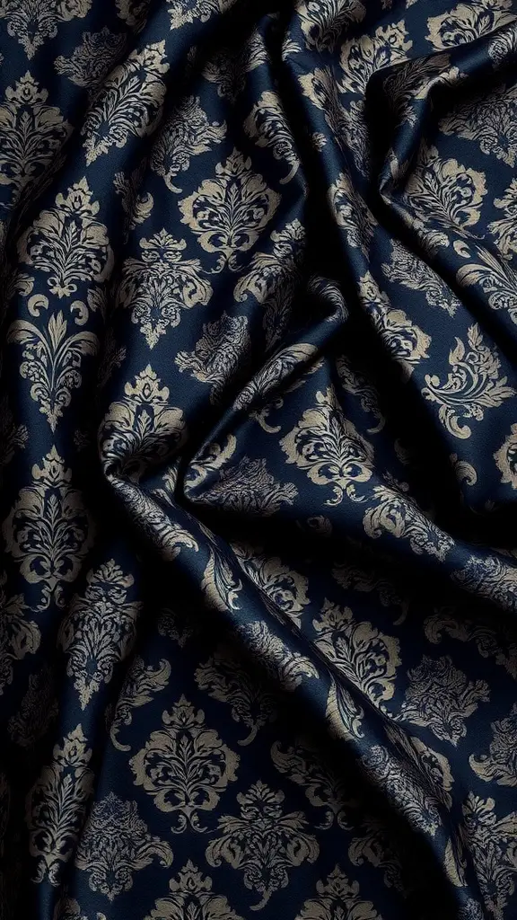 Navy fabric with ornate gold Gothic patterns