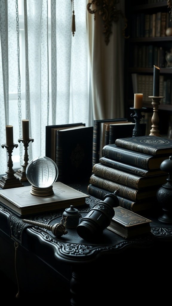 A table with ornate candle holders, vintage books, and a crystal ball, showcasing Gothic accents.