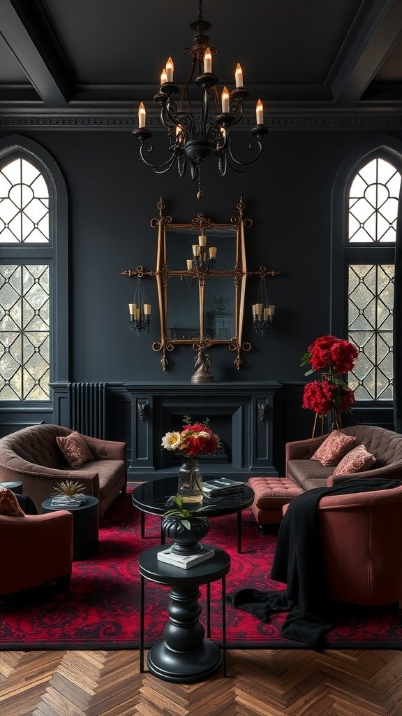 An arrangement featuring dark fabrics, an ornate cross, and foliage, showcasing Gothic Accents.