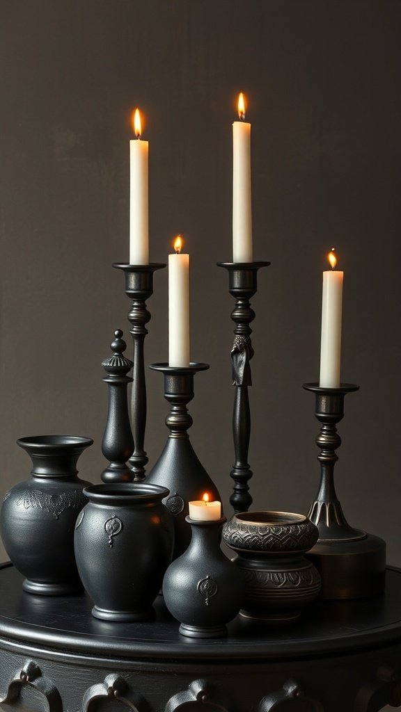 A collection of dark ceramic candle holders and vases on a wooden table, with lit candles creating a warm glow.