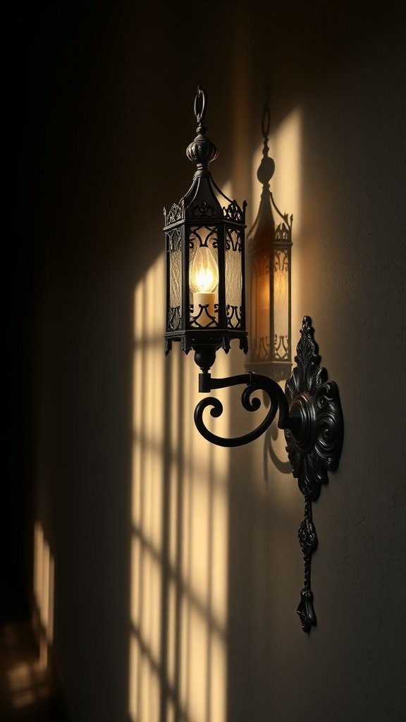 A Gothic-style hallway featuring ornate candle holders and a vintage chandelier.