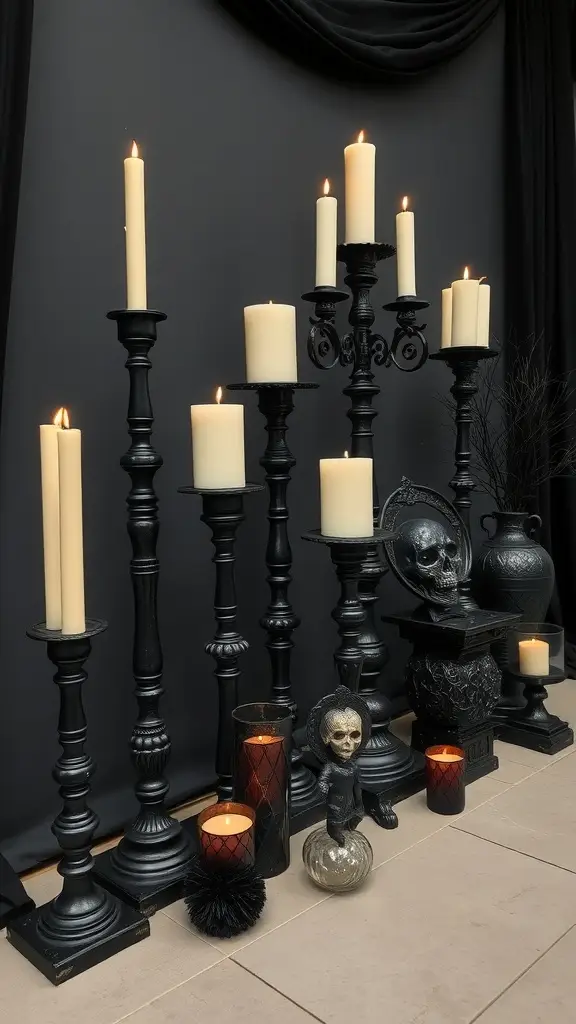 An arrangement of ornate candle holders of varying heights with flickering candles, set against a dark background.