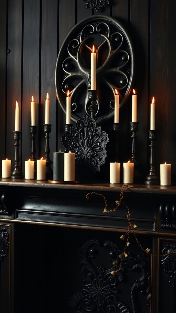 An elegant display of candles in ornate holders against a dark wooden backdrop, showcasing Gothic Accents.