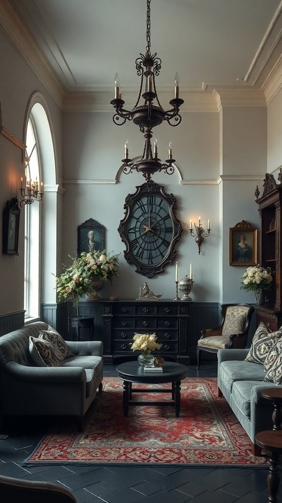 A Gothic-inspired living room featuring a vintage chandelier, ornate clock, dark furniture, and floral arrangements.