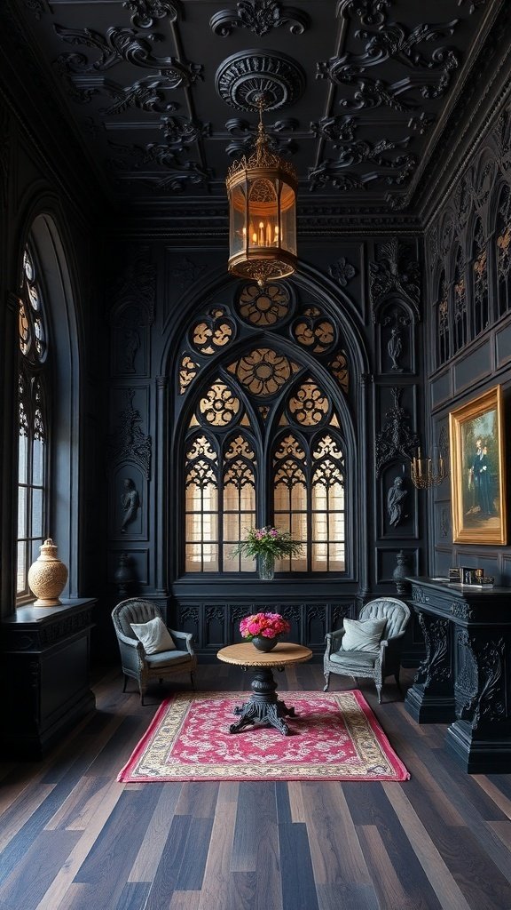 A Gothic Revival interior featuring dark walls, ornate candle holders, and a vintage chandelier.
