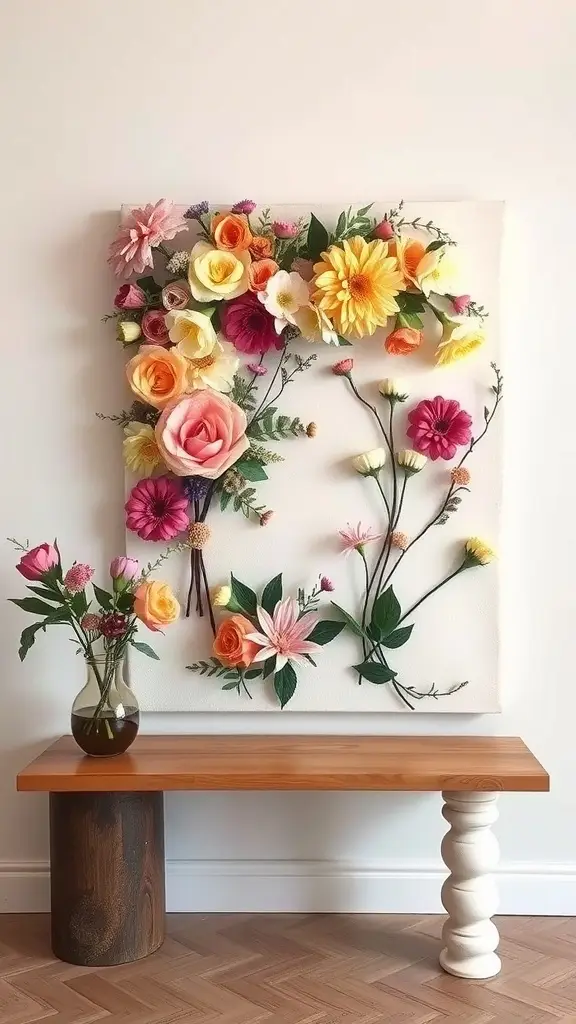 A vibrant floral wall art installation featuring various colorful flowers surrounding the word 'COLOR'.