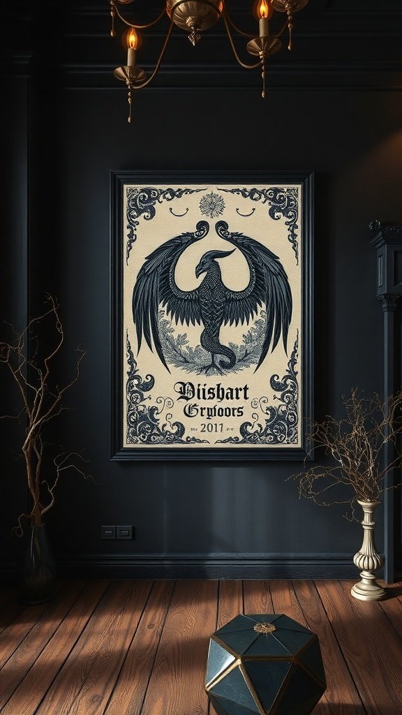 A dark artwork featuring a mythical creature in an ornate frame, displayed on a black wall with vintage candle holders and a chandelier.