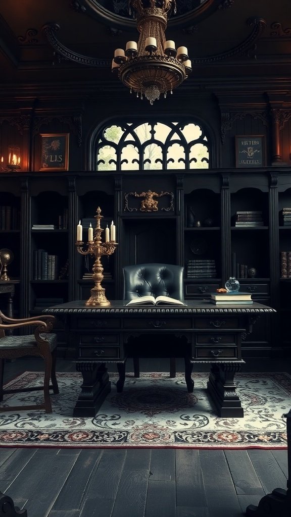 A Gothic home office featuring dark colors, ornate candle holders, and a vintage chandelier.