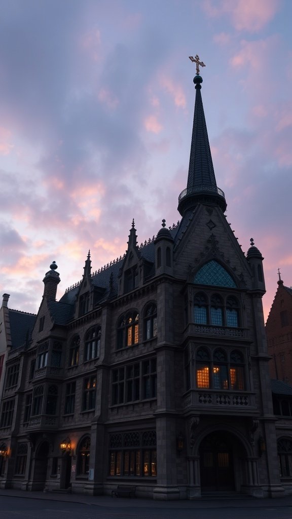 A Gothic building with a pointed spire and ornate windows, illuminated at dusk.