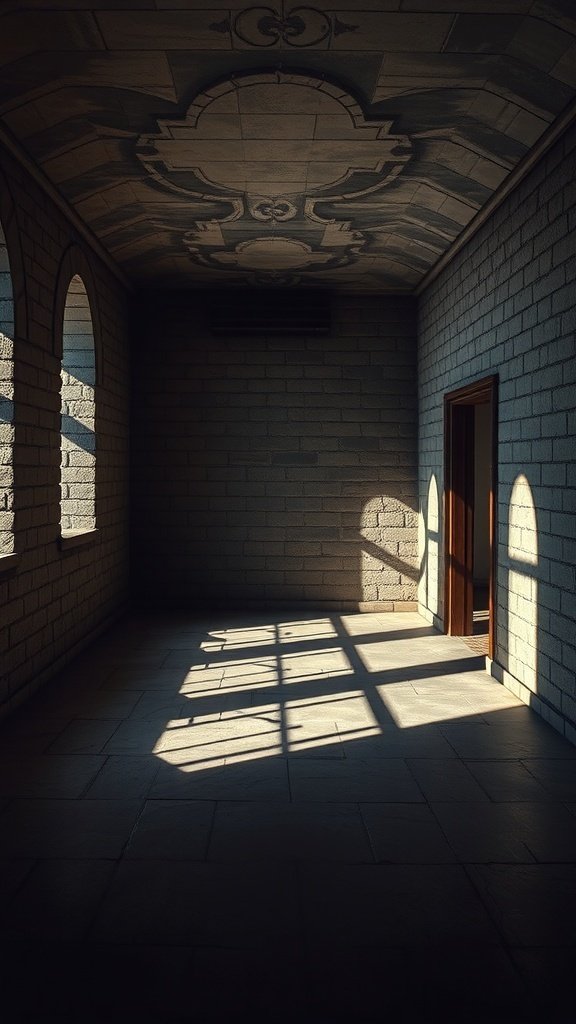 A dimly lit room with shadows cast by windows and a door, showcasing Gothic architectural elements.