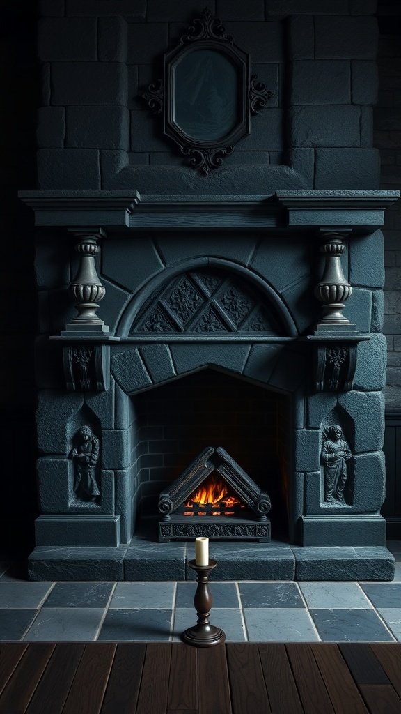 A dark stone fireplace with ornate carvings and a candle holder in front, showcasing Gothic Accents.