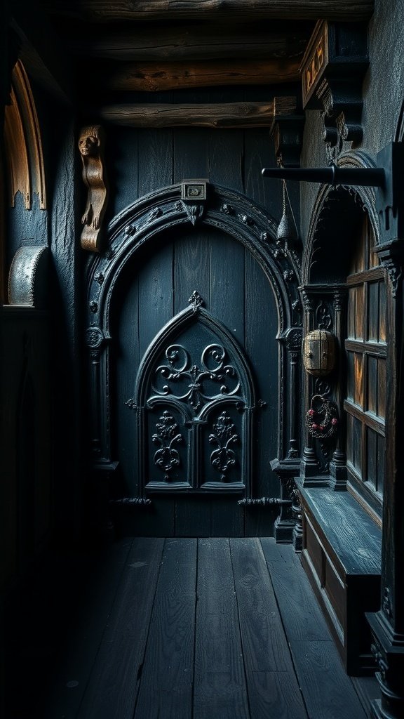 A dark wooden interior featuring intricate Gothic carvings and an archway.
