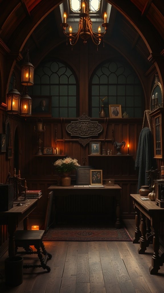 A dimly lit room with wooden walls, vintage chandelier, ornate candle holders, and shelves with framed portraits.