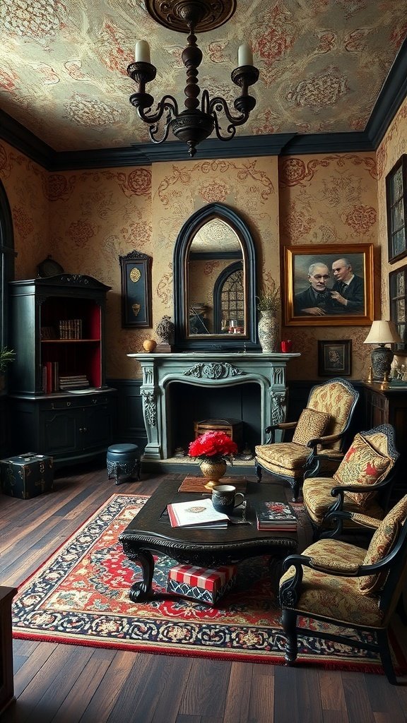A cozy Gothic-inspired room with dark colors, ornate candle holders, and vintage chandelier.