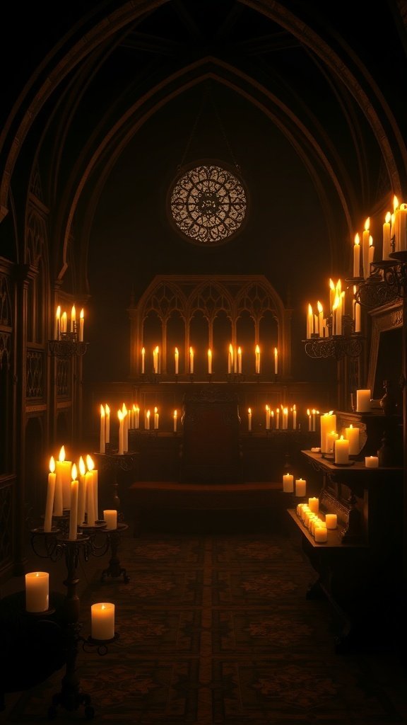 A dimly lit Gothic room filled with candles, showcasing ornate candle holders and a vintage chandelier.