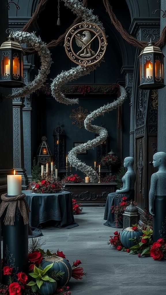 A Gothic-themed decor setup featuring dark colors, ornate candle holders, and vintage chandeliers with floral arrangements.