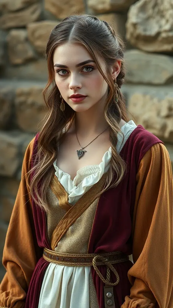 A display of medieval-inspired outfits featuring layered textures, including a vibrant orange cloak, a burgundy robe, and a flowing green gown.