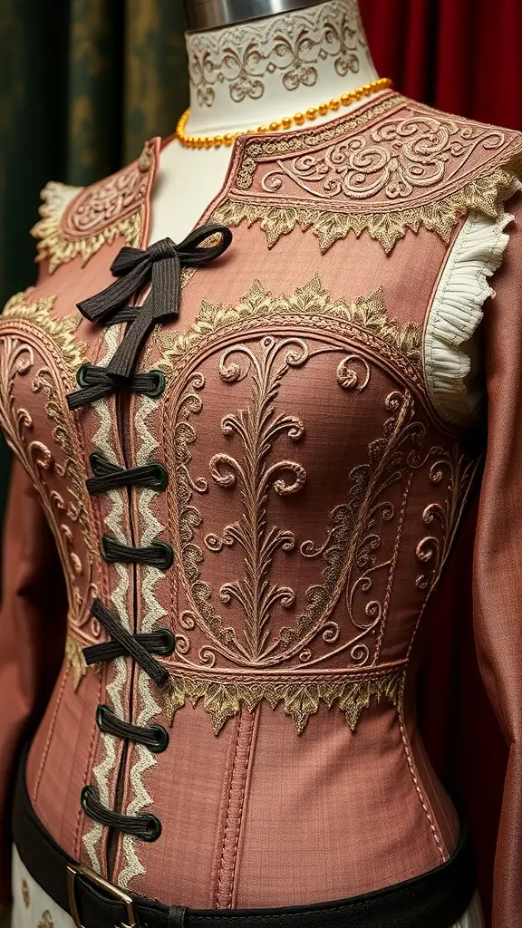 Close-up of an intricately designed corset featuring embroidery and lacing, showcasing medieval revivalism fashion.