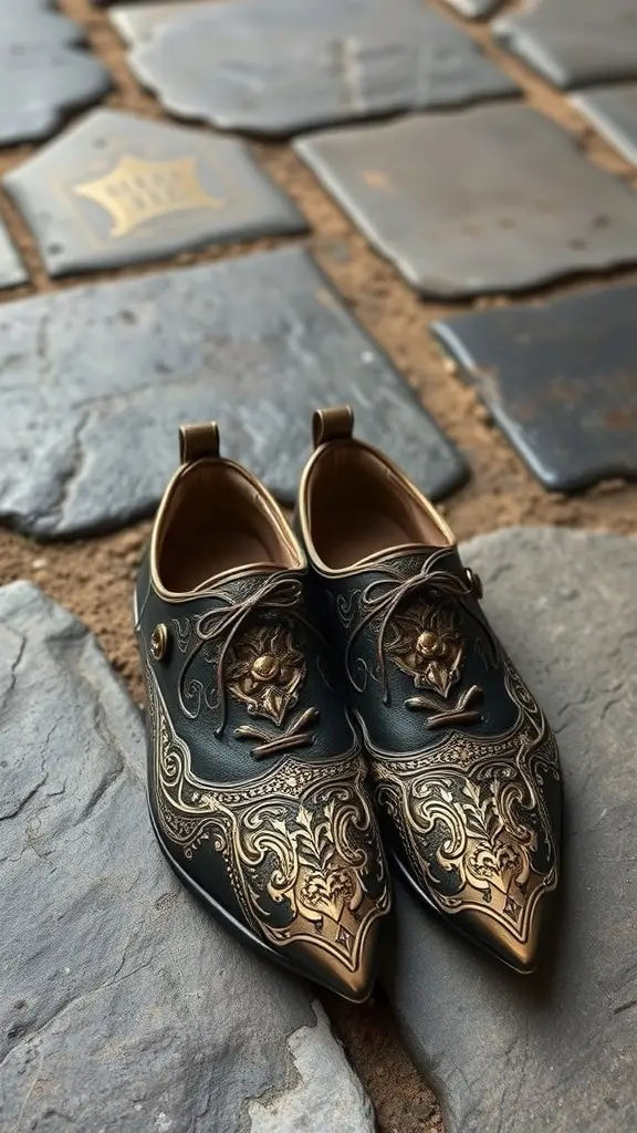 A pair of intricately designed medieval-style shoes with gold detailing, placed on stone tiles.