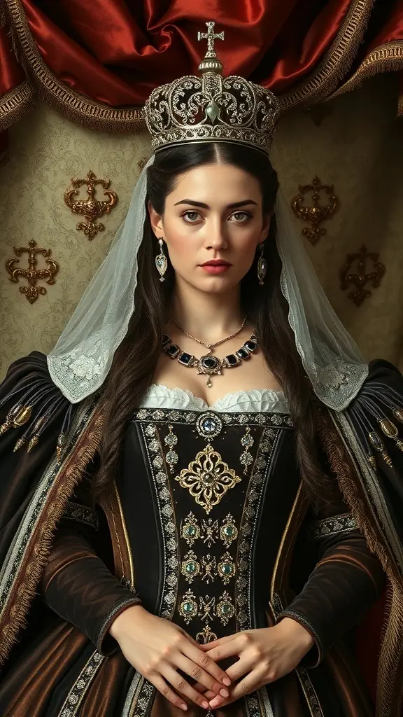 A woman in a medieval-inspired gown with a crown, showcasing rich colors and intricate designs.