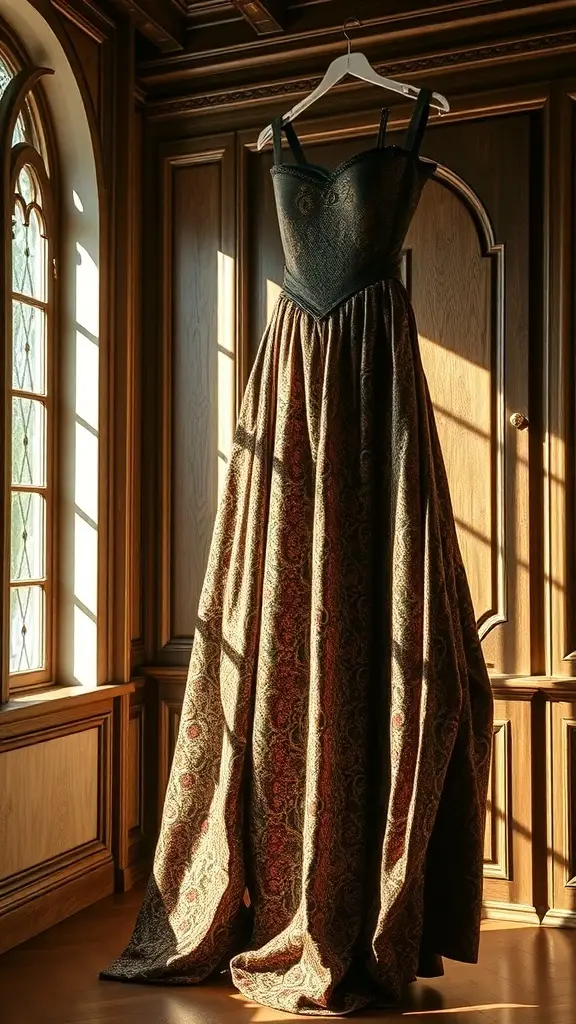 A flowing gown with a corset bodice and patterned skirt, hanging in a wooden room with large windows.