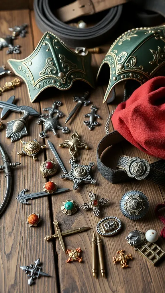 A collection of medieval accessories including helmets, brooches, and small swords on a wooden surface.