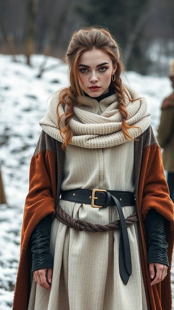 A model in a medieval-inspired outfit featuring a flowing gown, oversized scarf, and layered textures, set against a snowy background.
