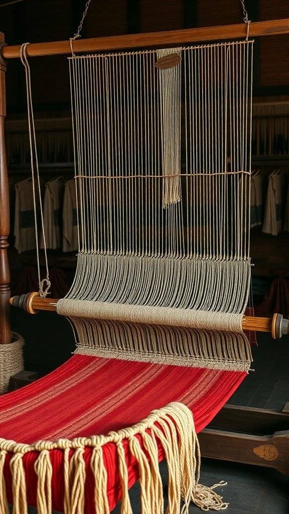 A traditional loom with red and beige threads, used for weaving fabric.