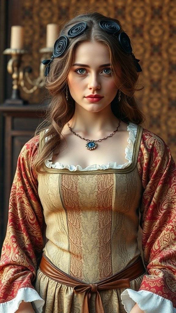 An assortment of medieval-style fabrics in rich colors and intricate patterns.