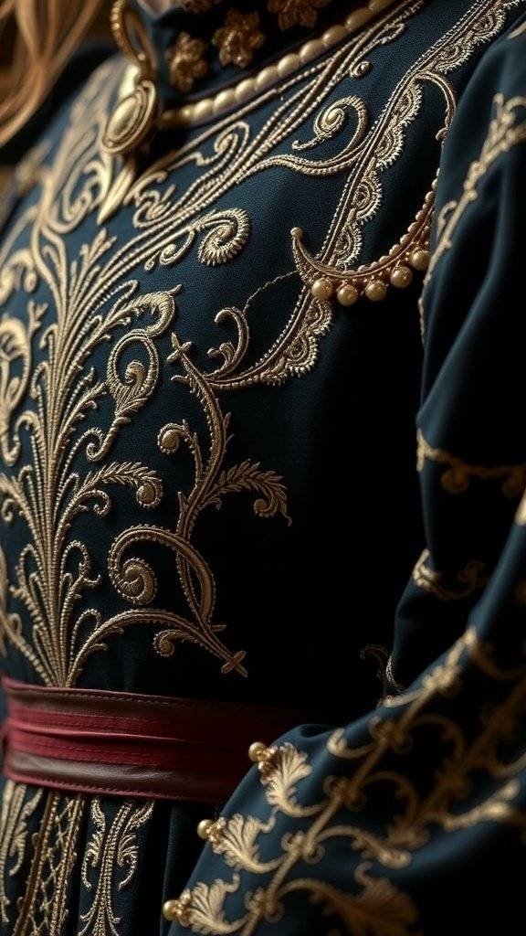 Close-up of a garment featuring intricate gold embroidery on dark fabric, showcasing Medieval Revivalism style.