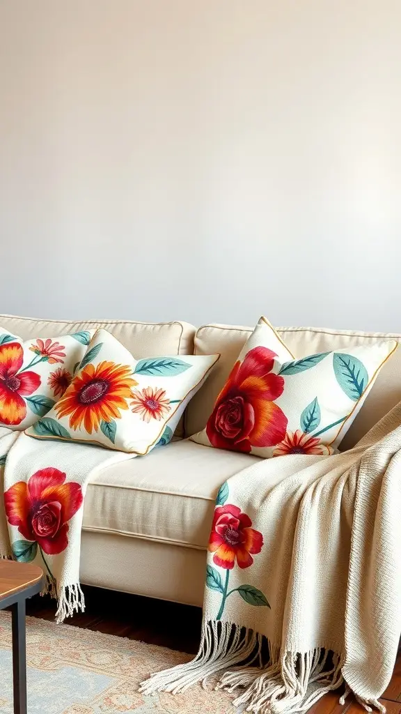 A cozy sofa with bold flower pillows and a matching throw blanket, featuring vibrant floral designs.