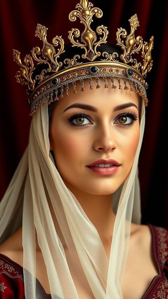 An assortment of medieval-style crowns and headpieces displayed on mannequins, featuring various designs and fabrics.