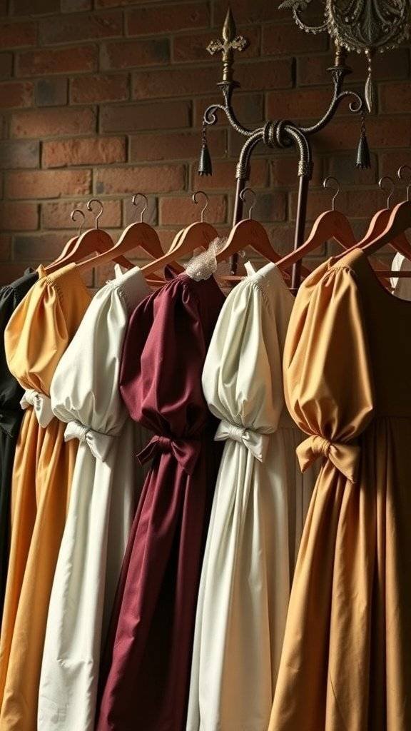 A collection of dresses with various sleeve styles hanging on a rack, showcasing colors like black, white, burgundy, and gold.