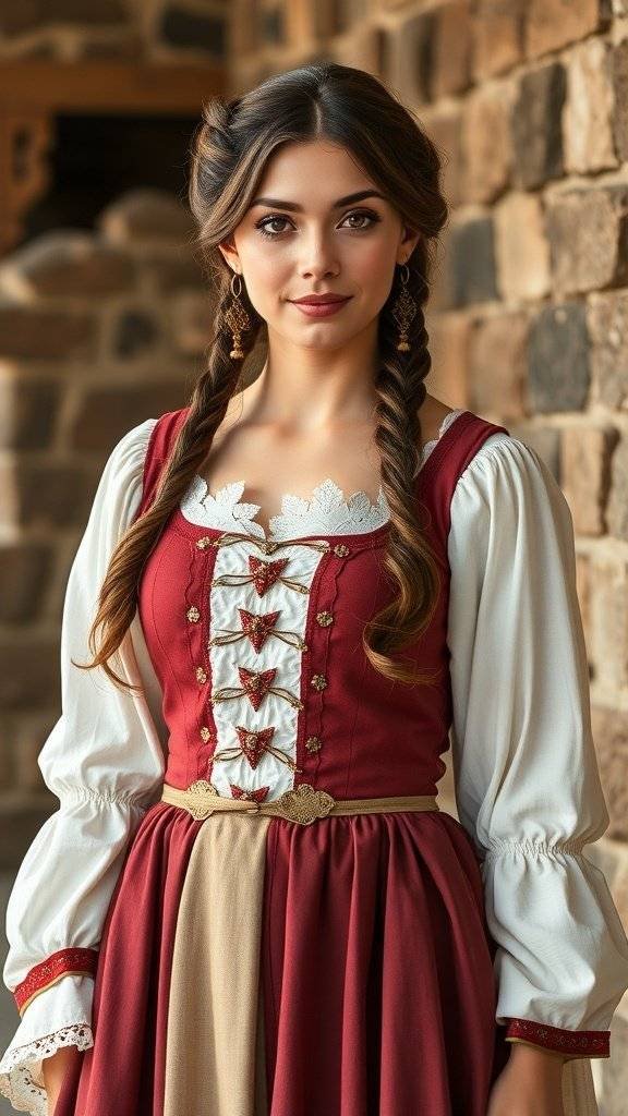A collection of medieval-inspired dresses displayed on mannequins, showcasing various styles and colors.