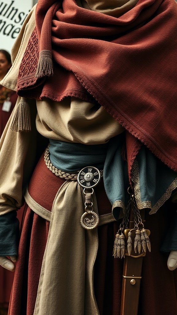 A detailed view of a medieval-inspired outfit featuring layered textiles, including a flowing gown and a shawl.