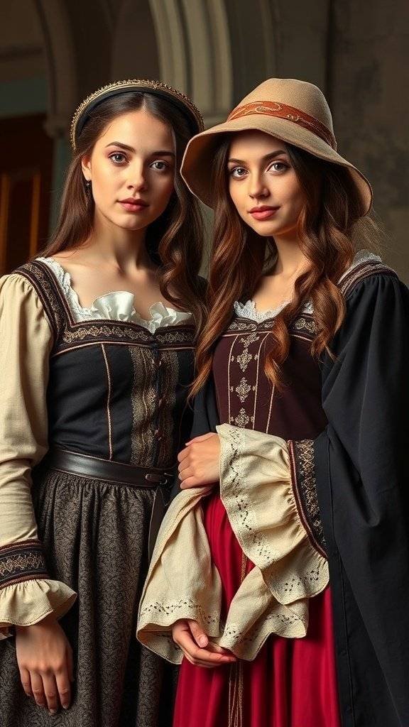 Three medieval-inspired outfits displayed on mannequins, featuring rich fabrics and intricate designs.