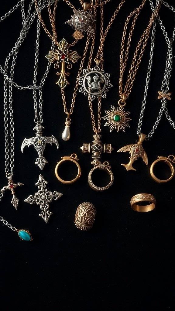 An assortment of 14th-century inspired jewelry including necklaces, pendants, and rings, showcasing intricate designs and layered textures.