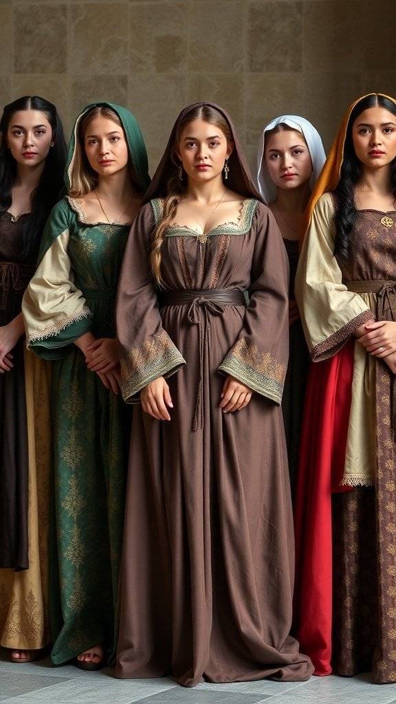 Group of individuals in medieval-inspired outfits, showcasing corsets and flowing gowns.